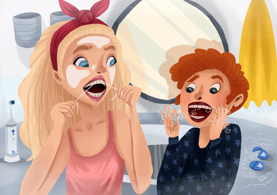 children flossing